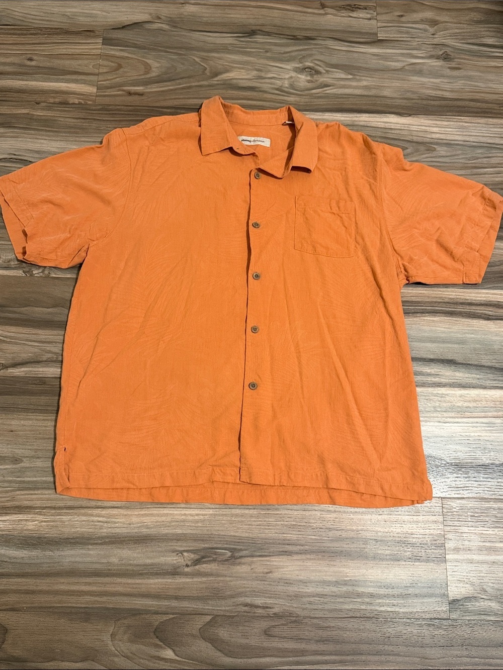Tommy Bahama Shirt Mens XL Orange Palm Leaf Hawaiian Silk Textured Camp